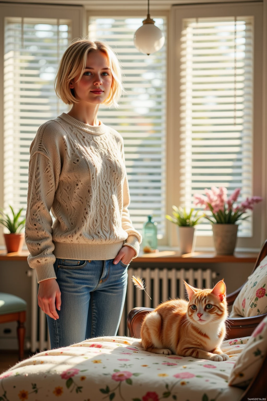A woman stands by a window with a cat resting on a floral-patterned cushion nearby.