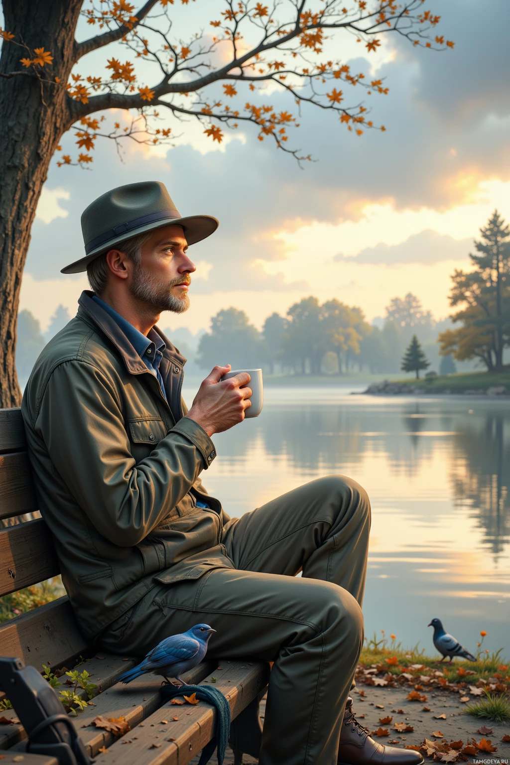 A man in a hat sits on a bench by a lake, holding a cup, with a bird perched nearby.