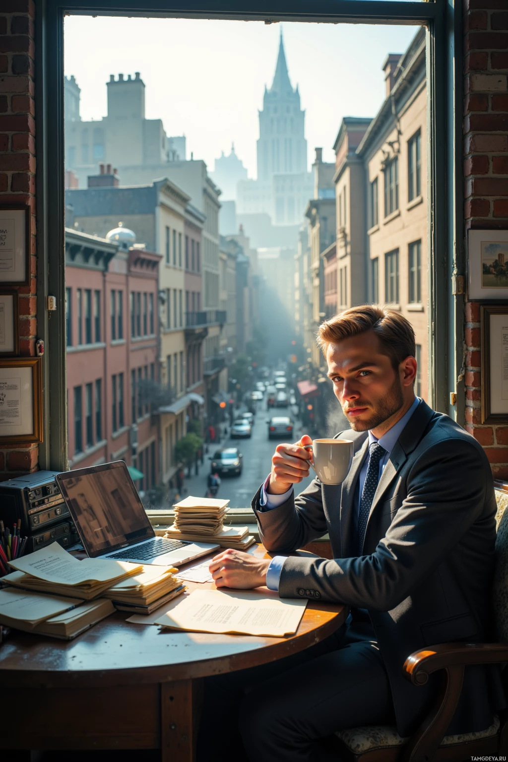 A man in a suit sits at a desk with a laptop and papers, holding a coffee mug, with a cityscape visible through the window.