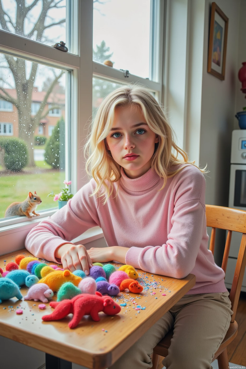 A person in a pink sweater sits at a table with colorful felt animals and sprinkles, looking out a window.