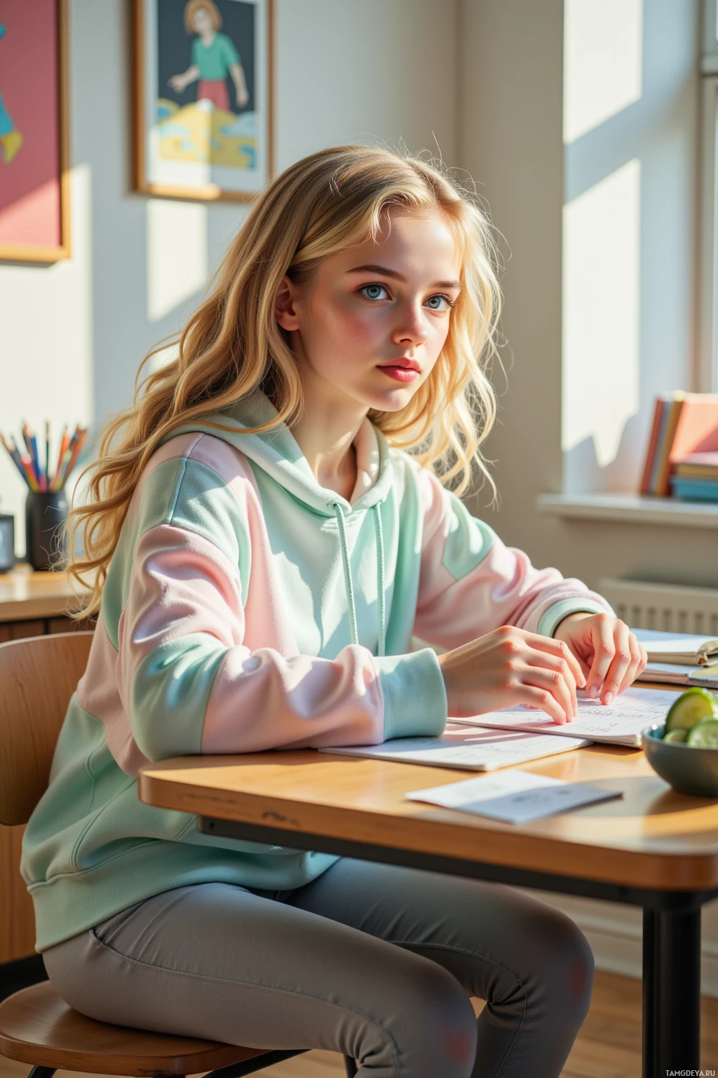 A young person wearing a pastel hoodie sits at a desk with papers and a bowl of fruit, in a brightly lit room.