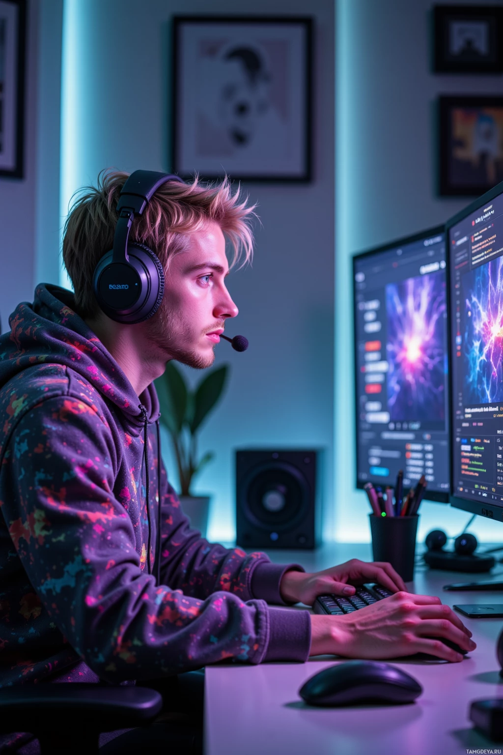 A person wearing headphones sits at a desk with a computer, focused on the screen.