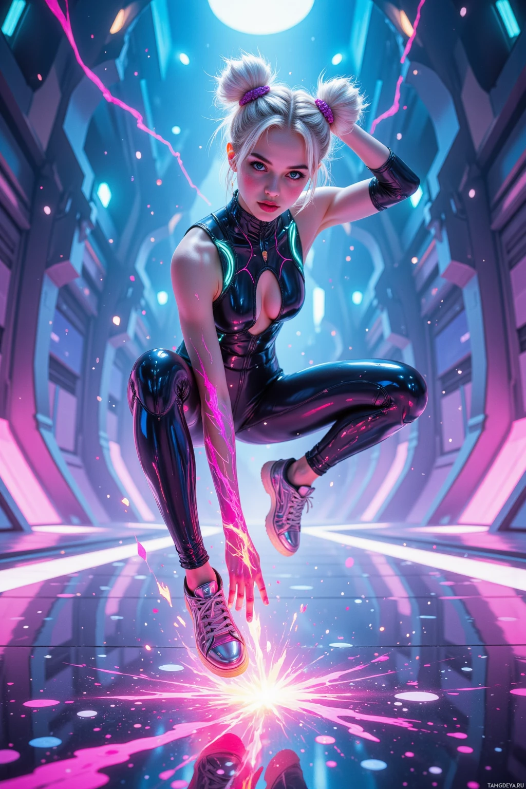 A futuristic, cyberpunk-inspired woman in a shiny outfit is captured mid-jump in a vibrant, neon-lit environment.