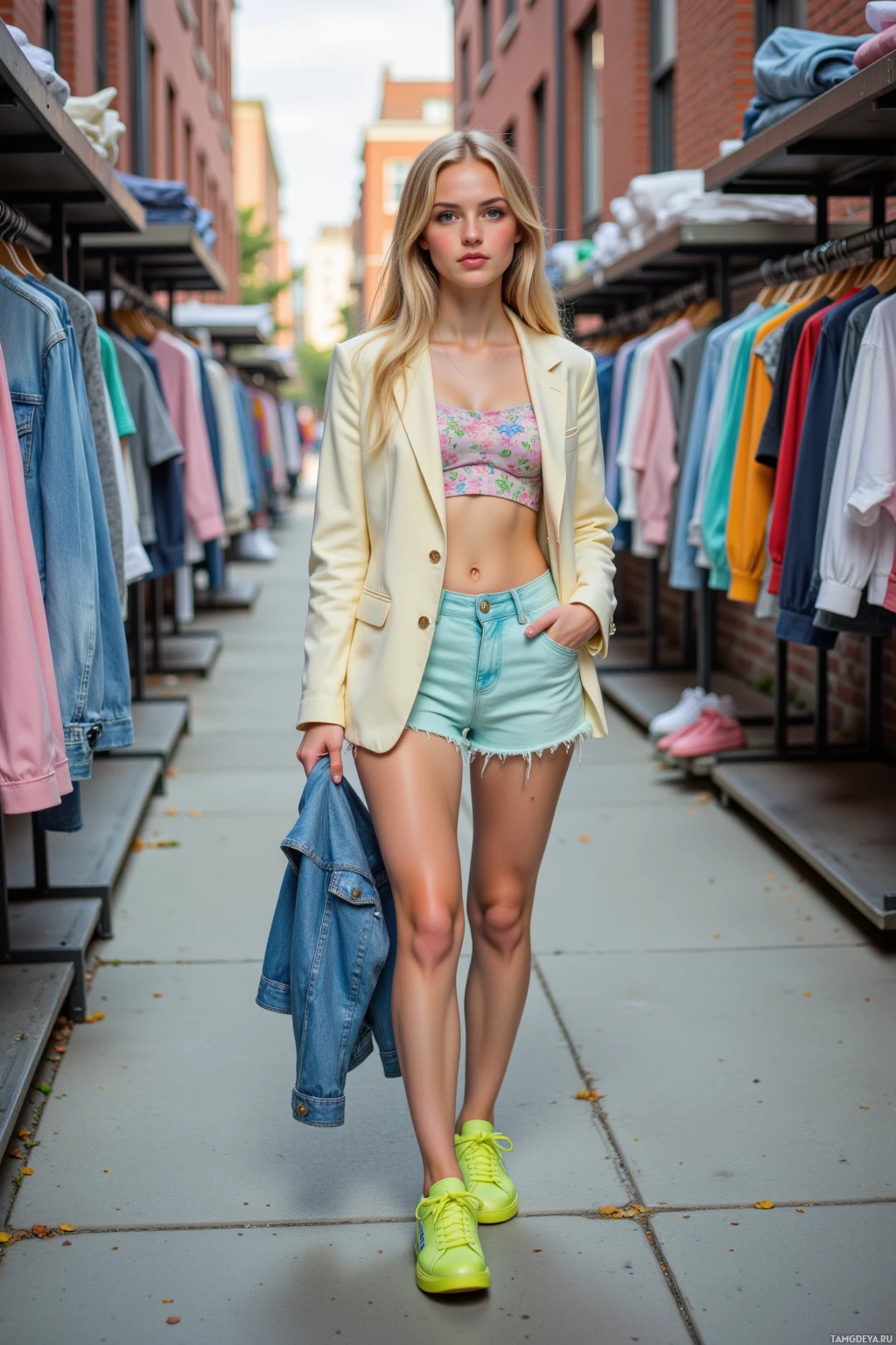 A person stands in an outdoor clothing market, wearing a light yellow blazer, floral top, denim shorts, and neon green sneakers.