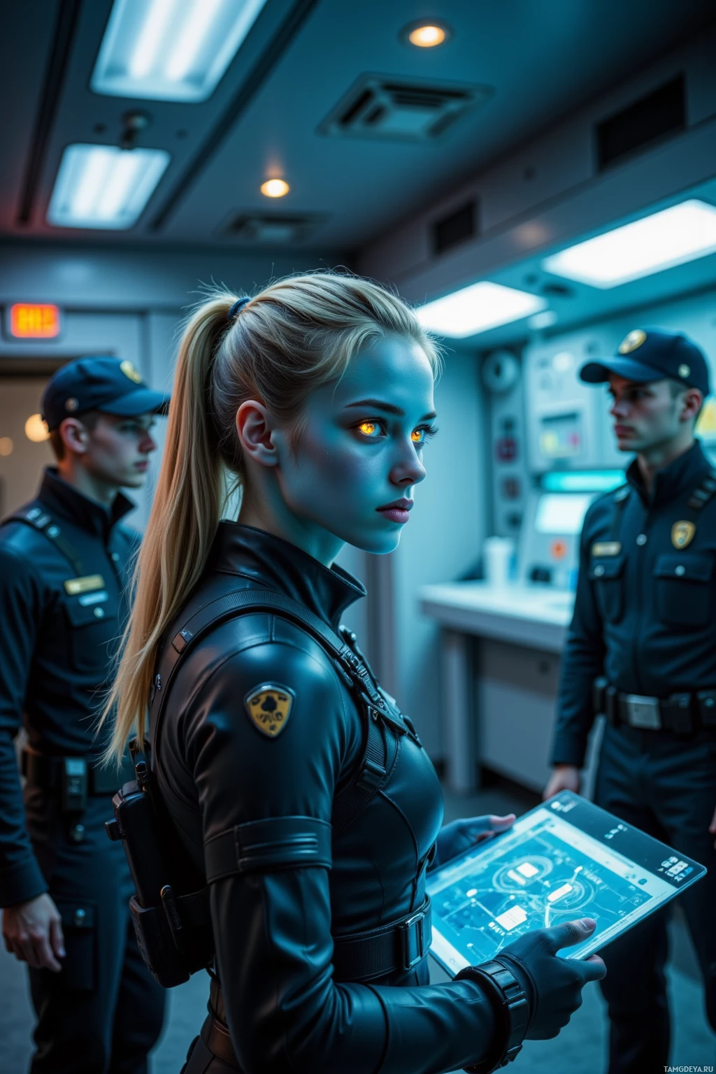 A woman in a futuristic uniform holds a tablet, flanked by two uniformed individuals in a high-tech environment.