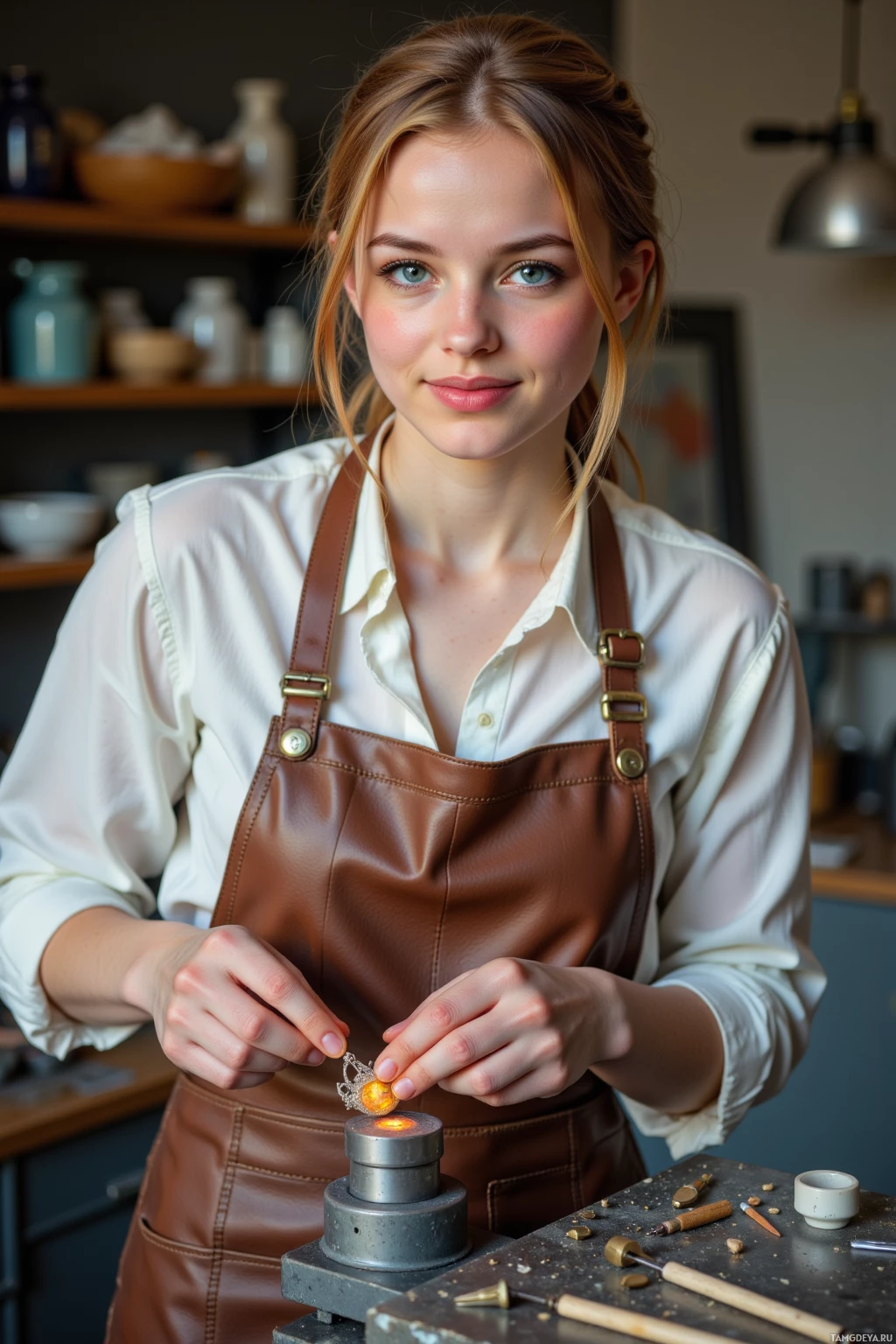 A person wearing a white shirt and brown apron is working on a small object with tools on a table.