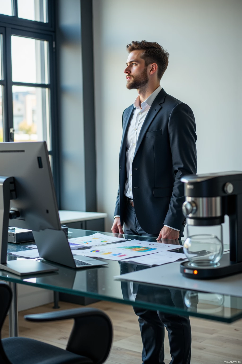 A man in a suit stands in an office, looking out the window.