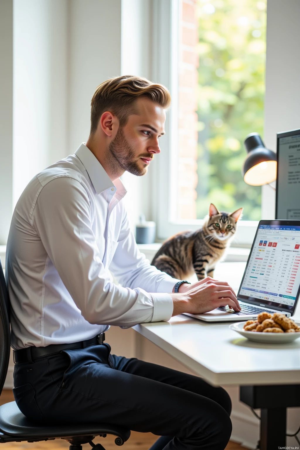 A man in a white shirt works on a laptop at a desk, with a cat sitting on the windowsill behind him.