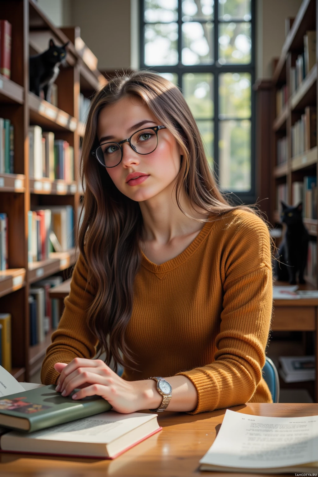 A young woman wearing glasses and a brown sweater sits at a table in a library, surrounded by books.