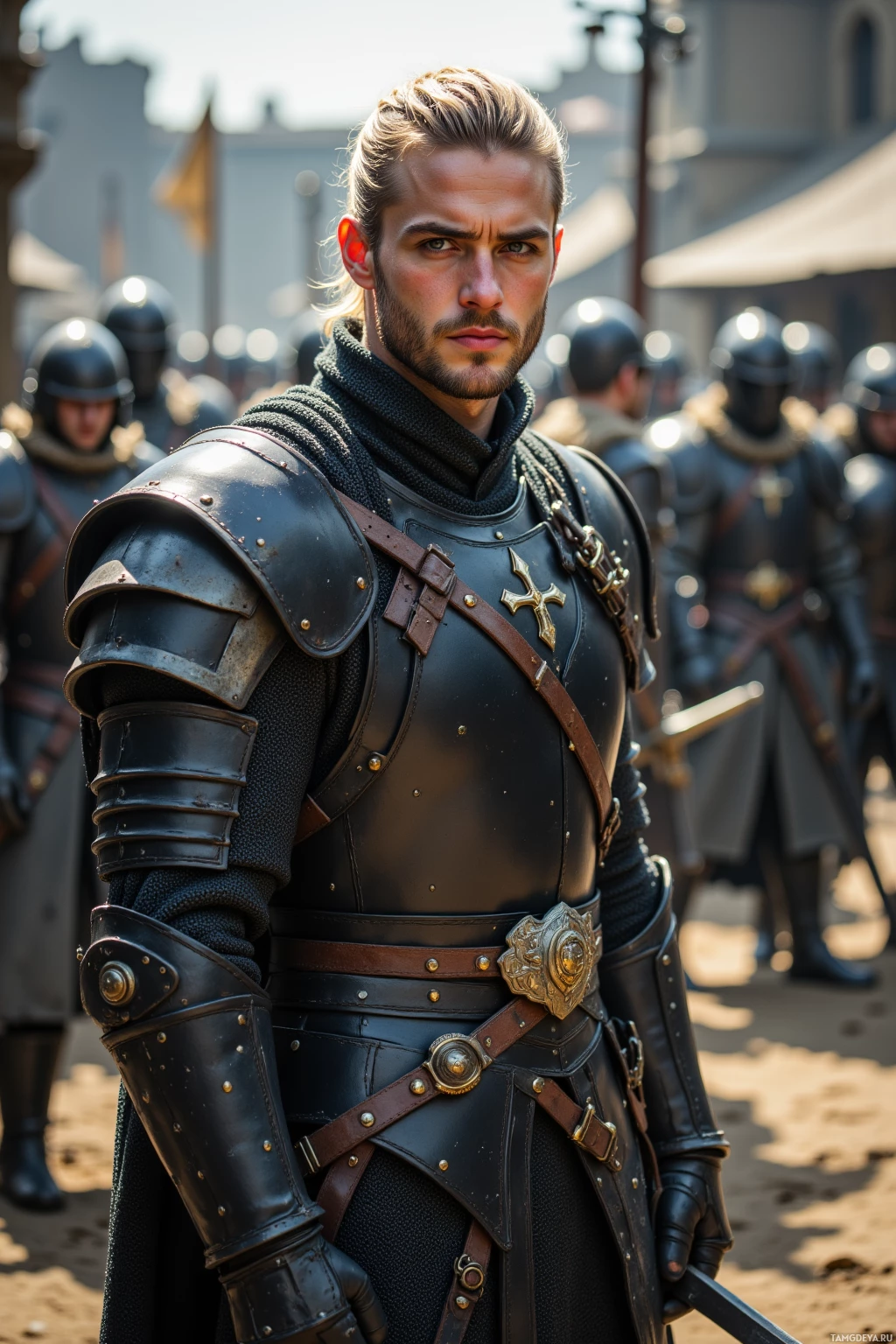 A knight in full armor stands in a medieval setting.