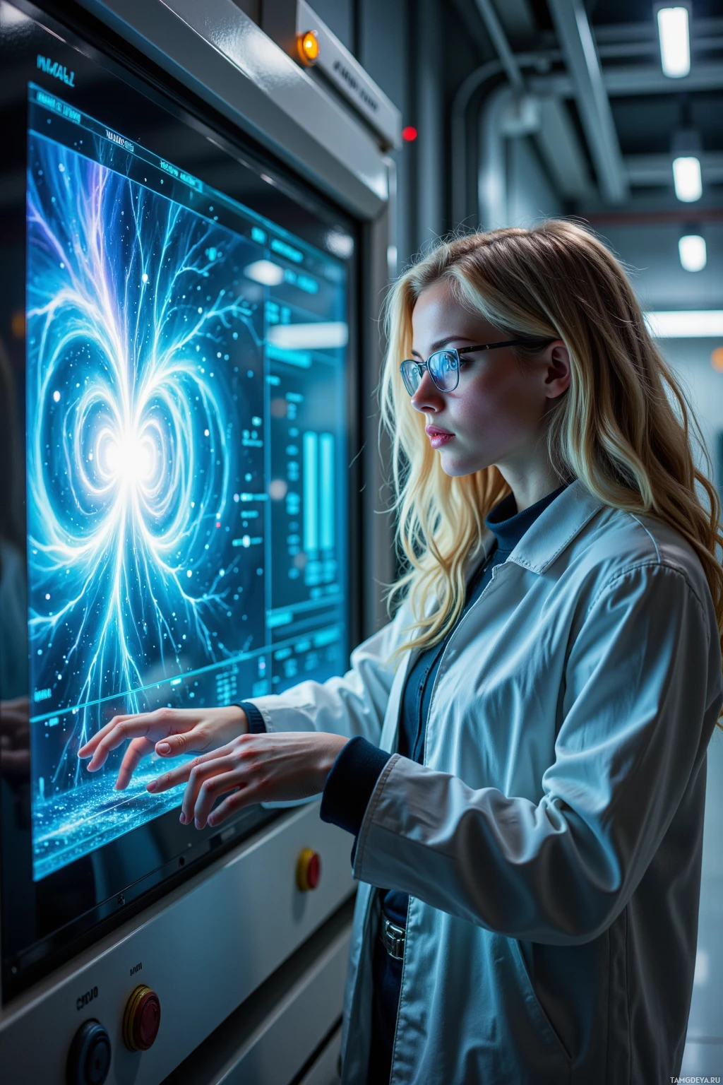 A person in a lab coat interacts with a futuristic display showing a glowing, abstract pattern.