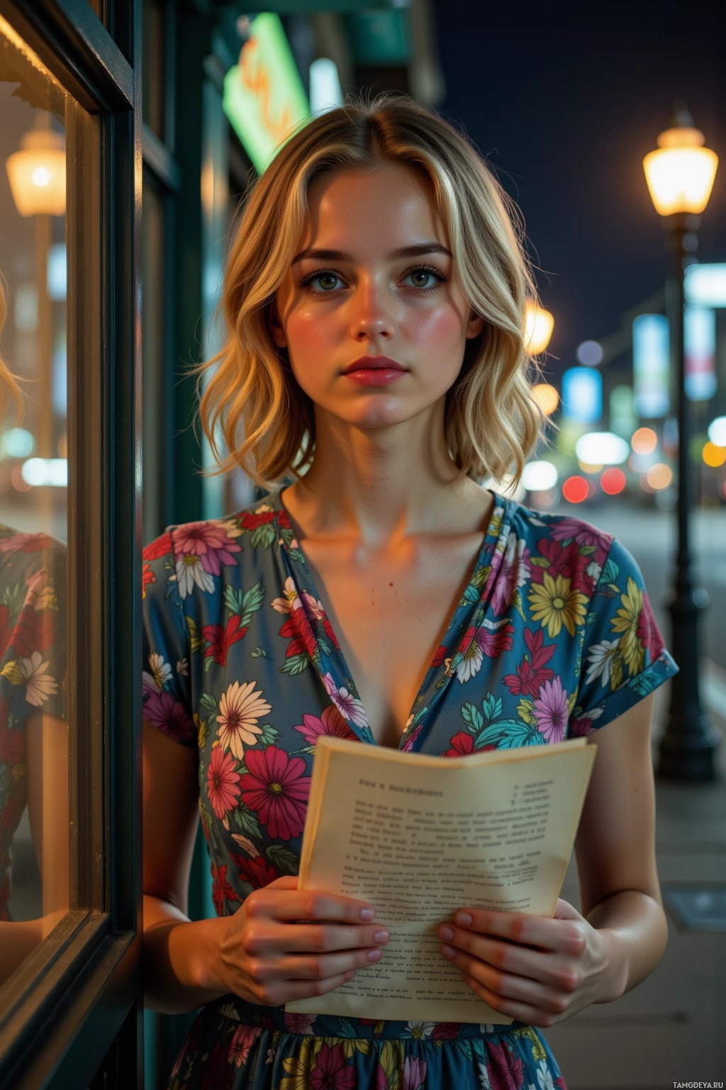 A woman in a floral dress stands by a window, holding an open book.