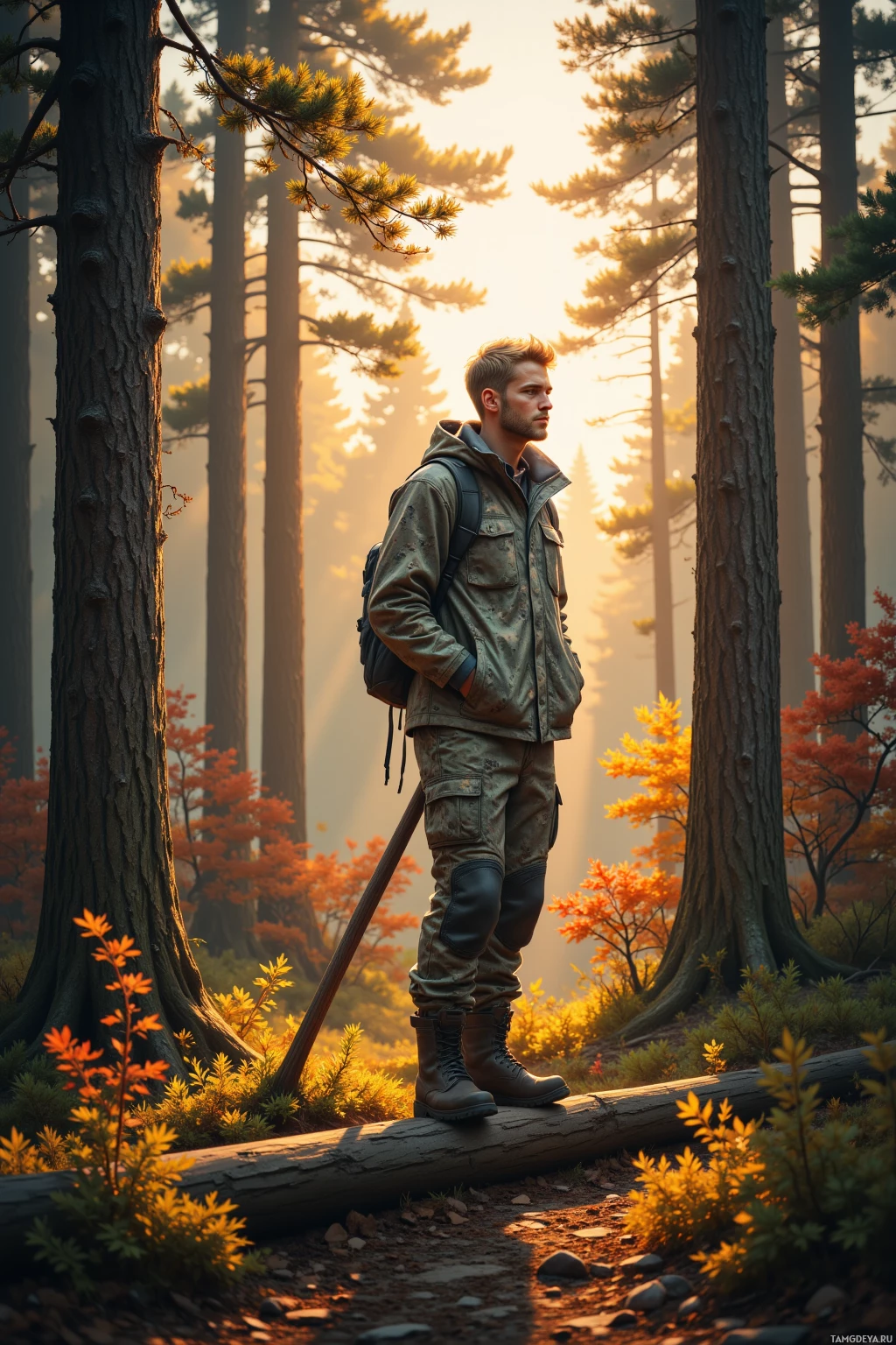 A man stands in a forest at sunset, holding a stick and wearing outdoor gear.