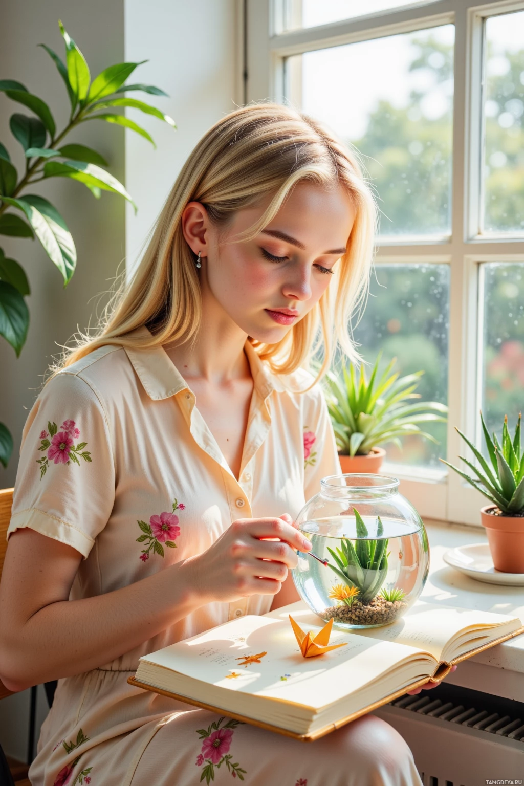 A woman is sitting by a window, holding a small glass terrarium with a succulent inside.