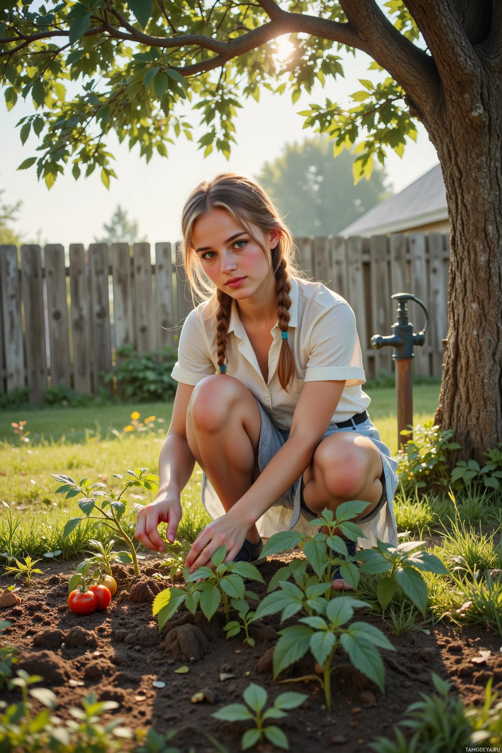 A young woman is crouching in a garden, tending to small plants.