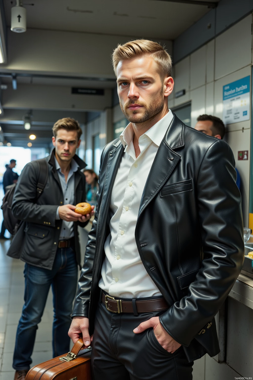 A man in a black leather jacket and white shirt stands in a hallway, holding a suitcase.