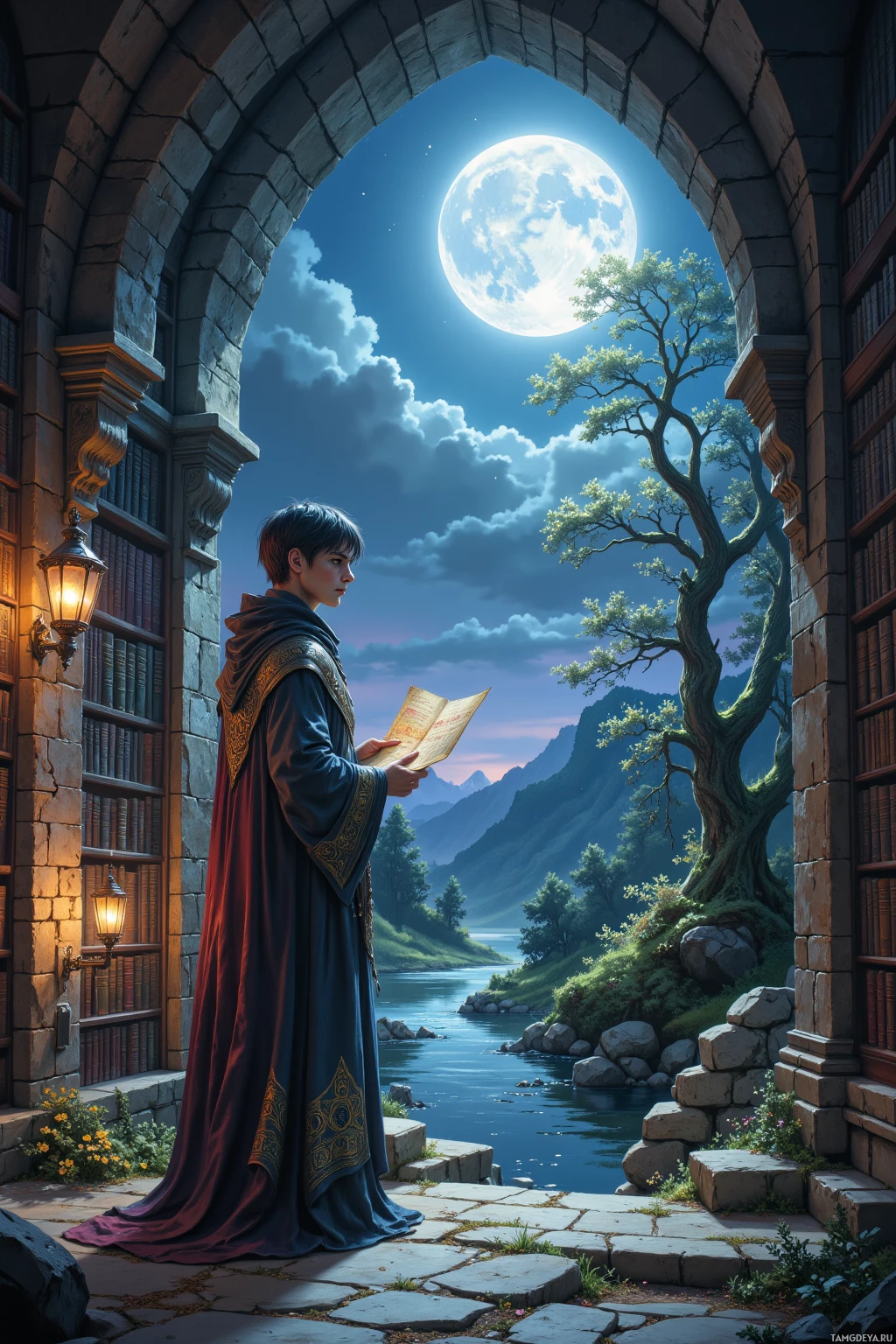 A person in a robe stands in an archway, holding a book, with a scenic view of mountains and a full moon in the background.