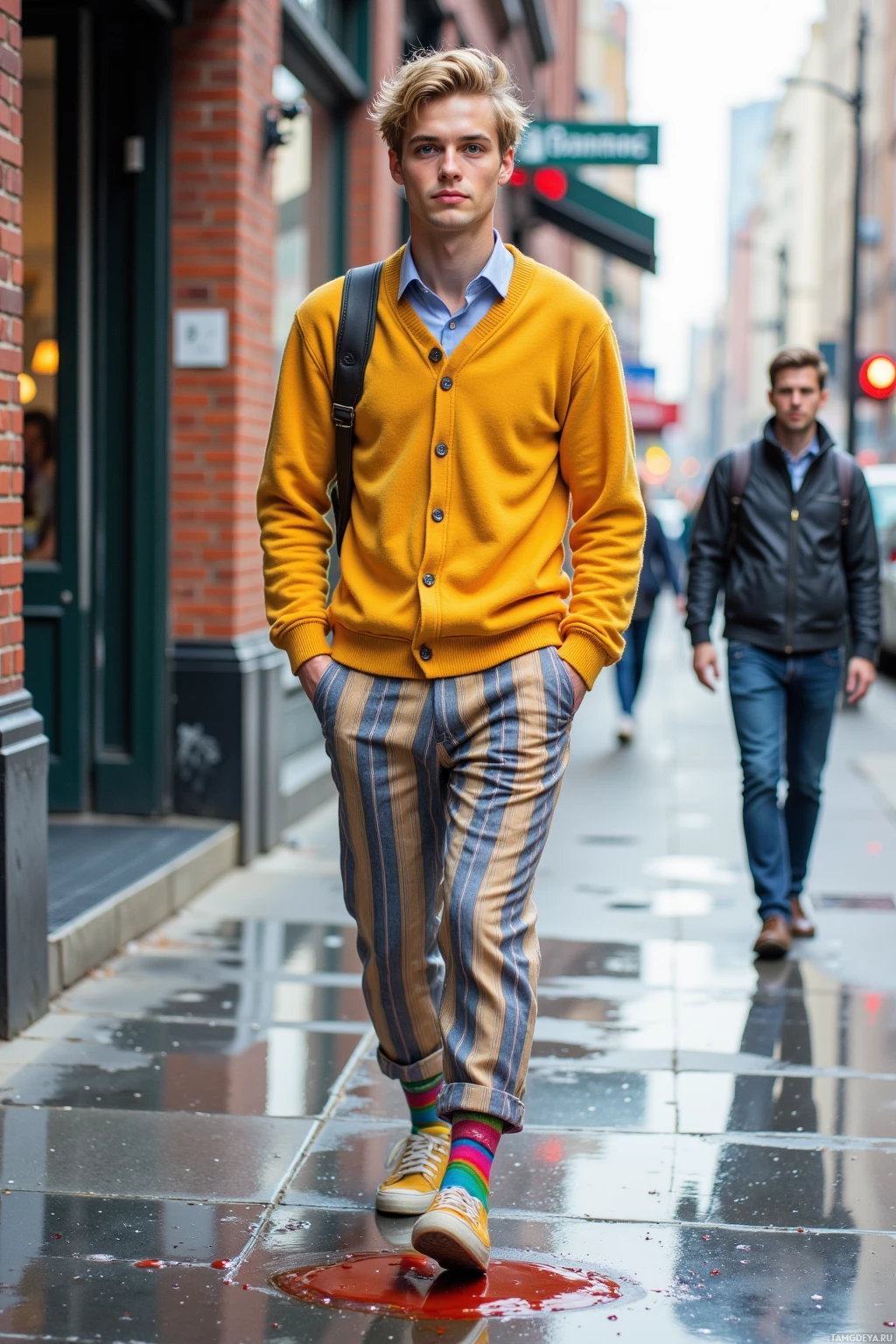 A man in a yellow cardigan and striped pants walks on a wet sidewalk.