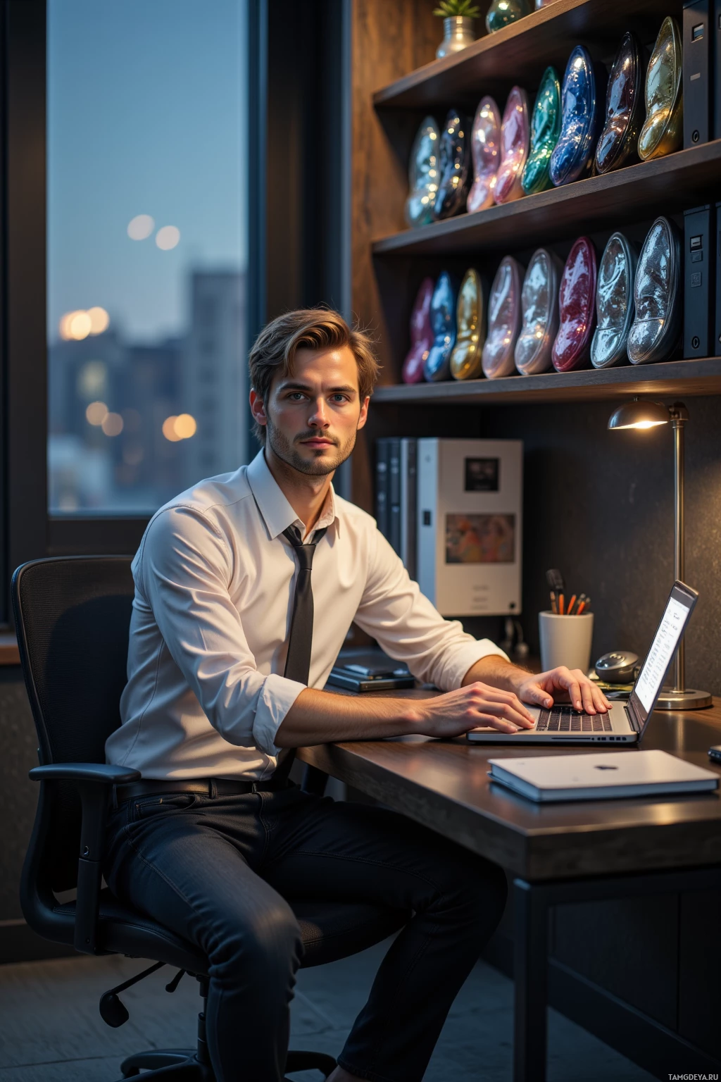 A man in a white shirt and tie sits at a desk with a laptop, in front of a window showing a cityscape at dusk.