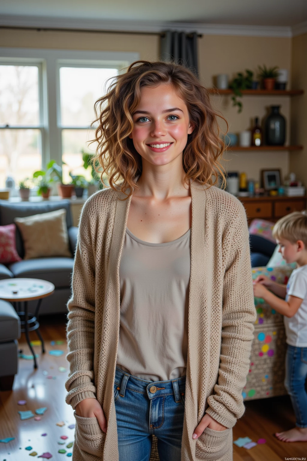 A woman stands in a cozy living room, smiling warmly.