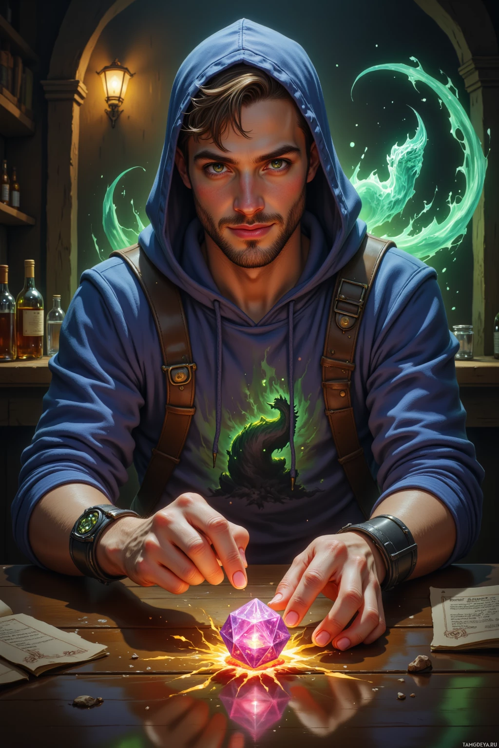 A person in a blue hoodie sits at a table with a glowing purple crystal and a green, swirling background.