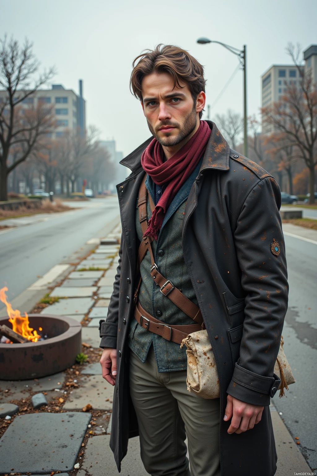 A man stands on a sidewalk near a fire pit, wearing a dark coat, scarf, and utility belt.