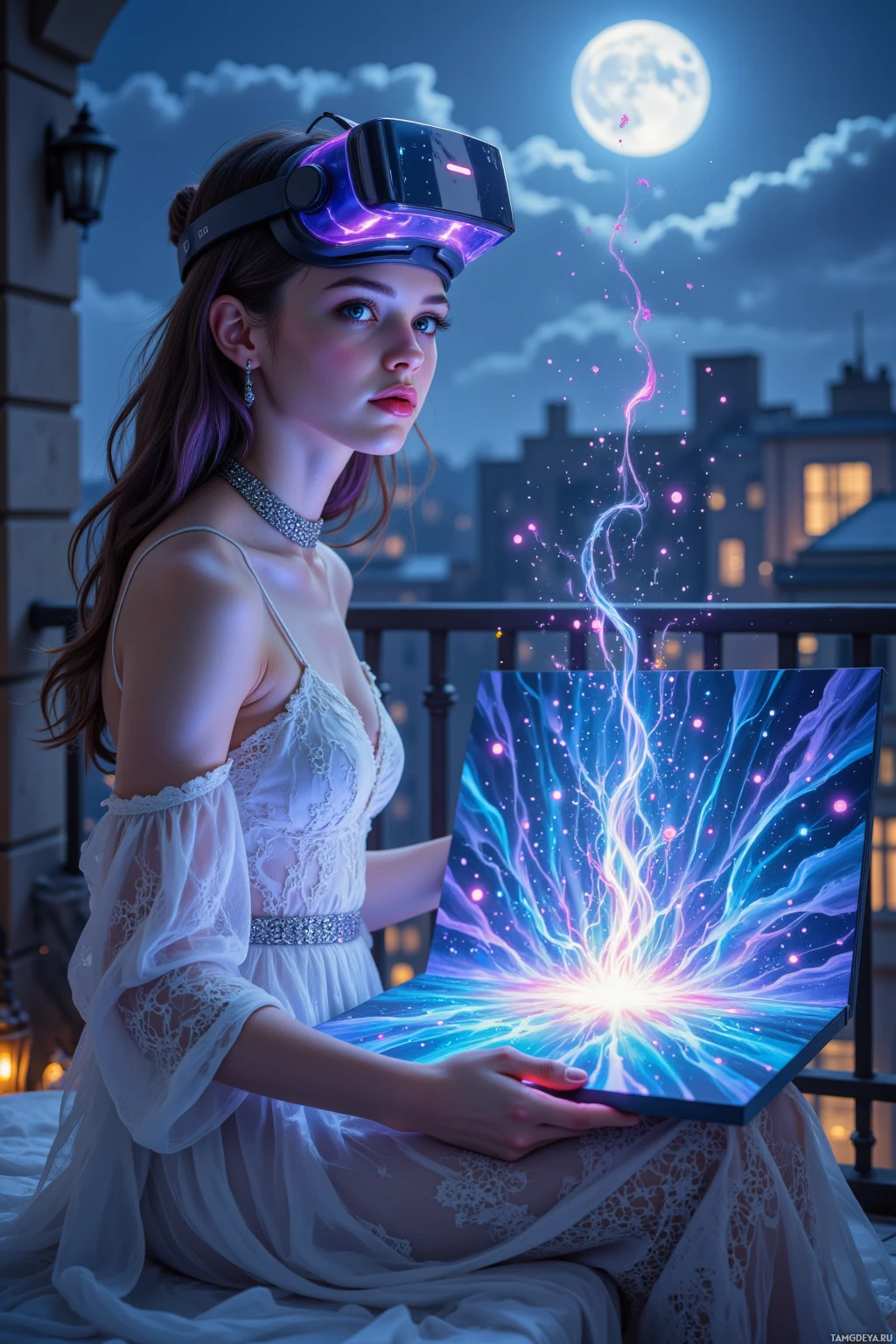 A woman wearing a VR headset and holding a glowing, cosmic tablet.