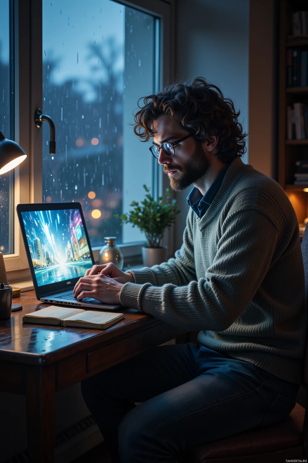 A man sits at a desk, working on a laptop with a cityscape on the screen, while rain falls outside the window.