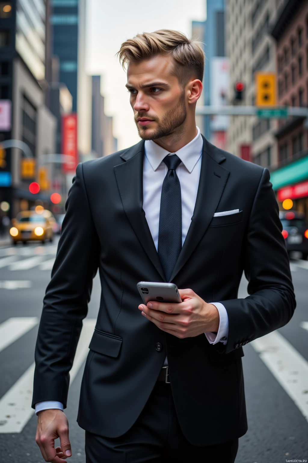 A man in a black suit and tie stands on a city street holding a smartphone.