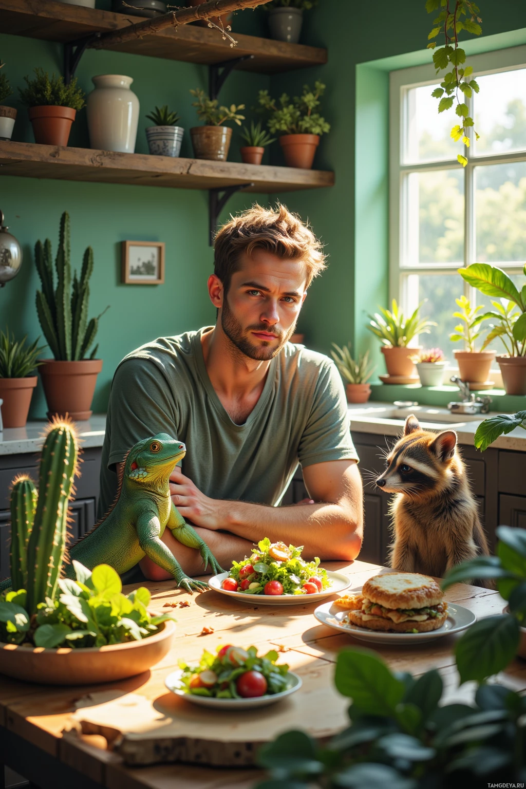 A man sits at a table with a salad and sandwich, accompanied by a green iguana and a raccoon.