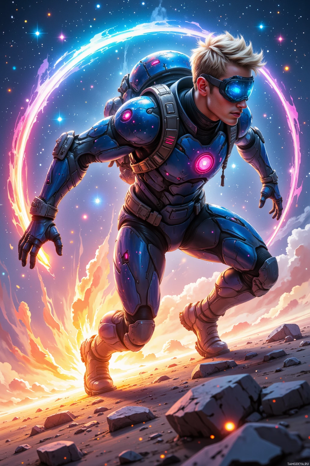 A futuristic armored figure in a dynamic pose against a cosmic background.