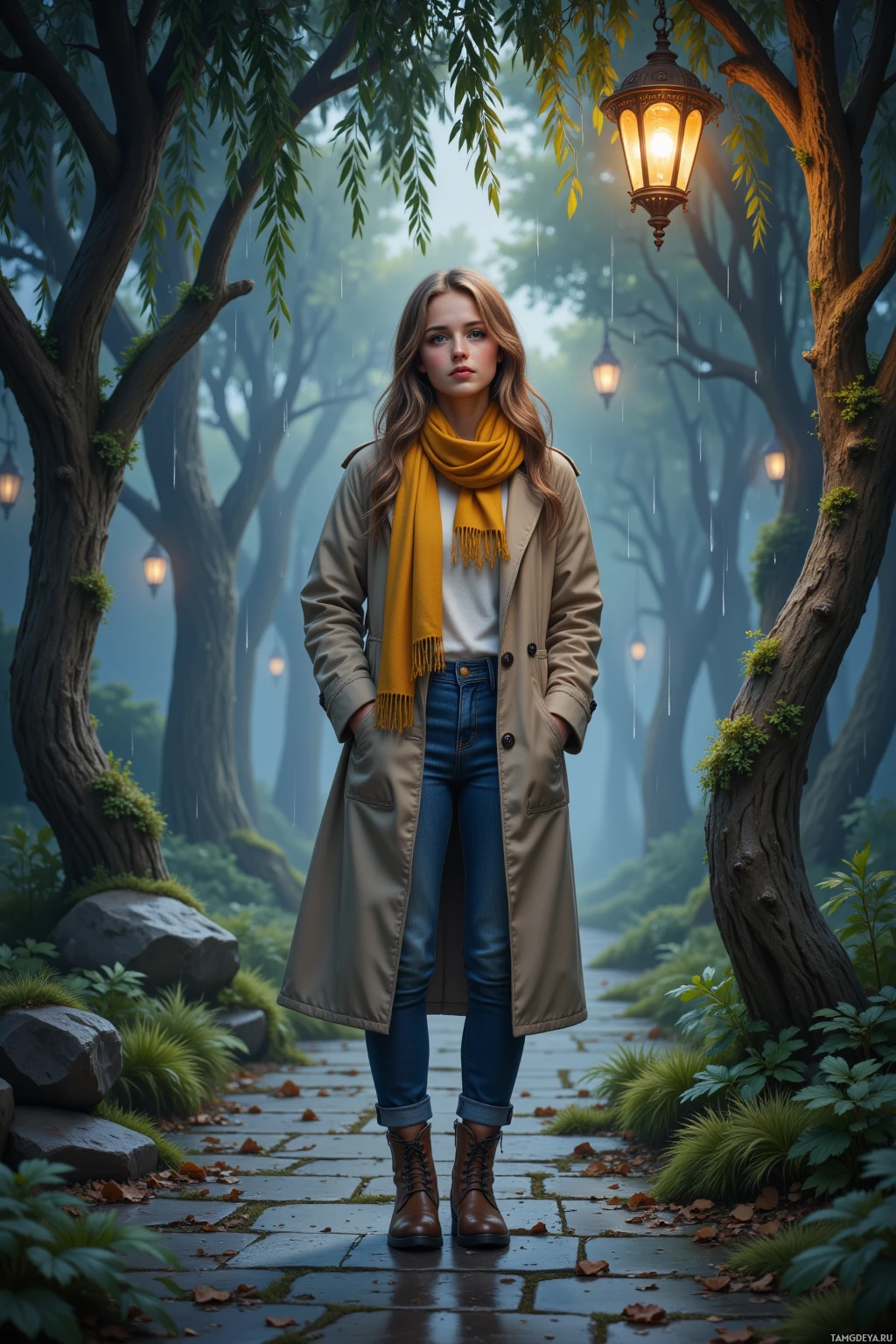 A woman stands on a stone path in a misty forest, wearing a trench coat and scarf, with lanterns hanging from the trees above.