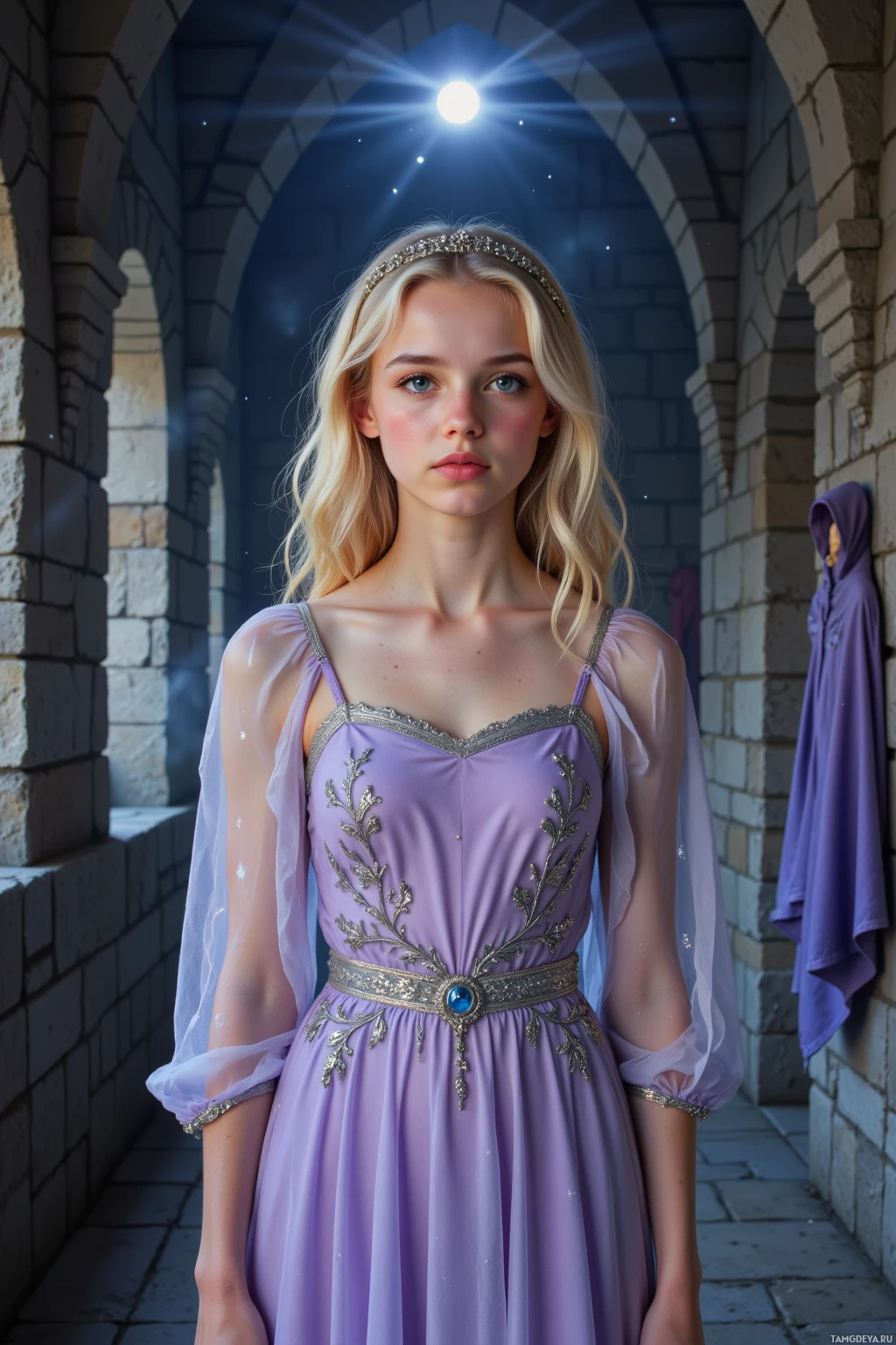 A young woman in a purple dress stands in a stone archway under a starlit sky.