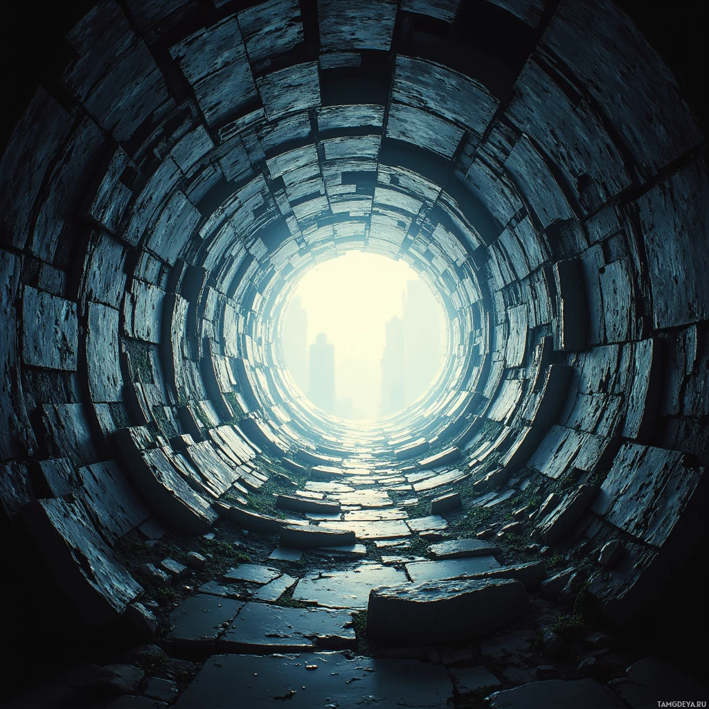 A stone tunnel with a bright light at the end.