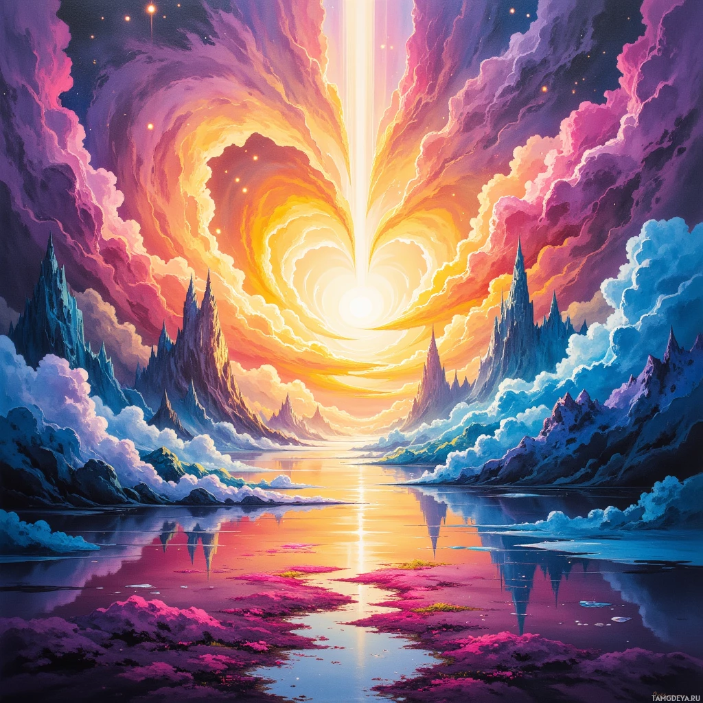 A vibrant, fantastical landscape featuring a glowing heart-shaped portal in the sky, reflecting in a calm body of water surrounded by jagged, colorful mountains.