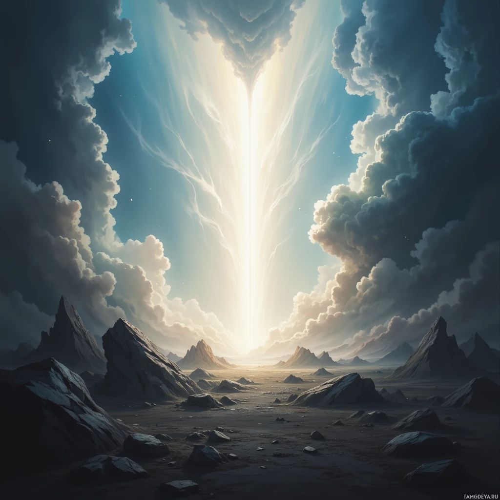 A dramatic landscape with a bright light beam piercing through clouds and rocky terrain.