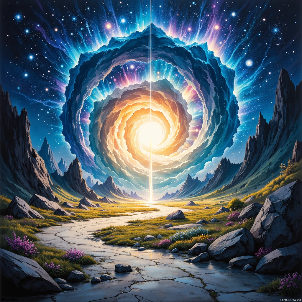 A surreal landscape featuring a glowing portal surrounded by mountains and a starry sky.