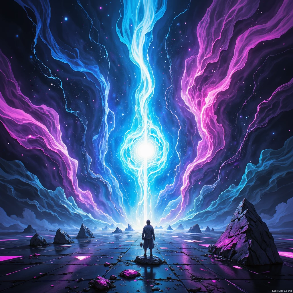 A lone figure stands before a cosmic portal, surrounded by vibrant, swirling energy and starry skies.
