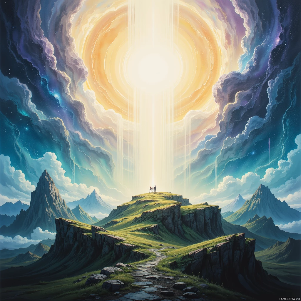 A serene landscape with two figures standing on a grassy peak, surrounded by majestic mountains and a radiant, ethereal light in the sky.