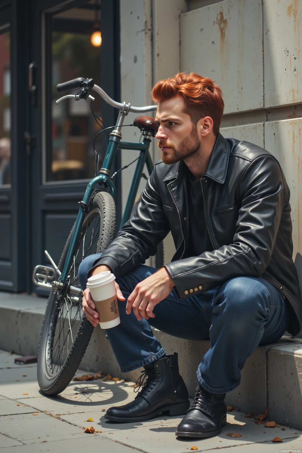 A man in a leather jacket sits on a step with a bicycle and holds a coffee cup.