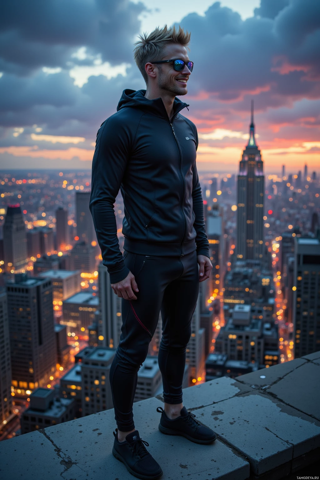 A man stands on a rooftop overlooking a cityscape at dusk.