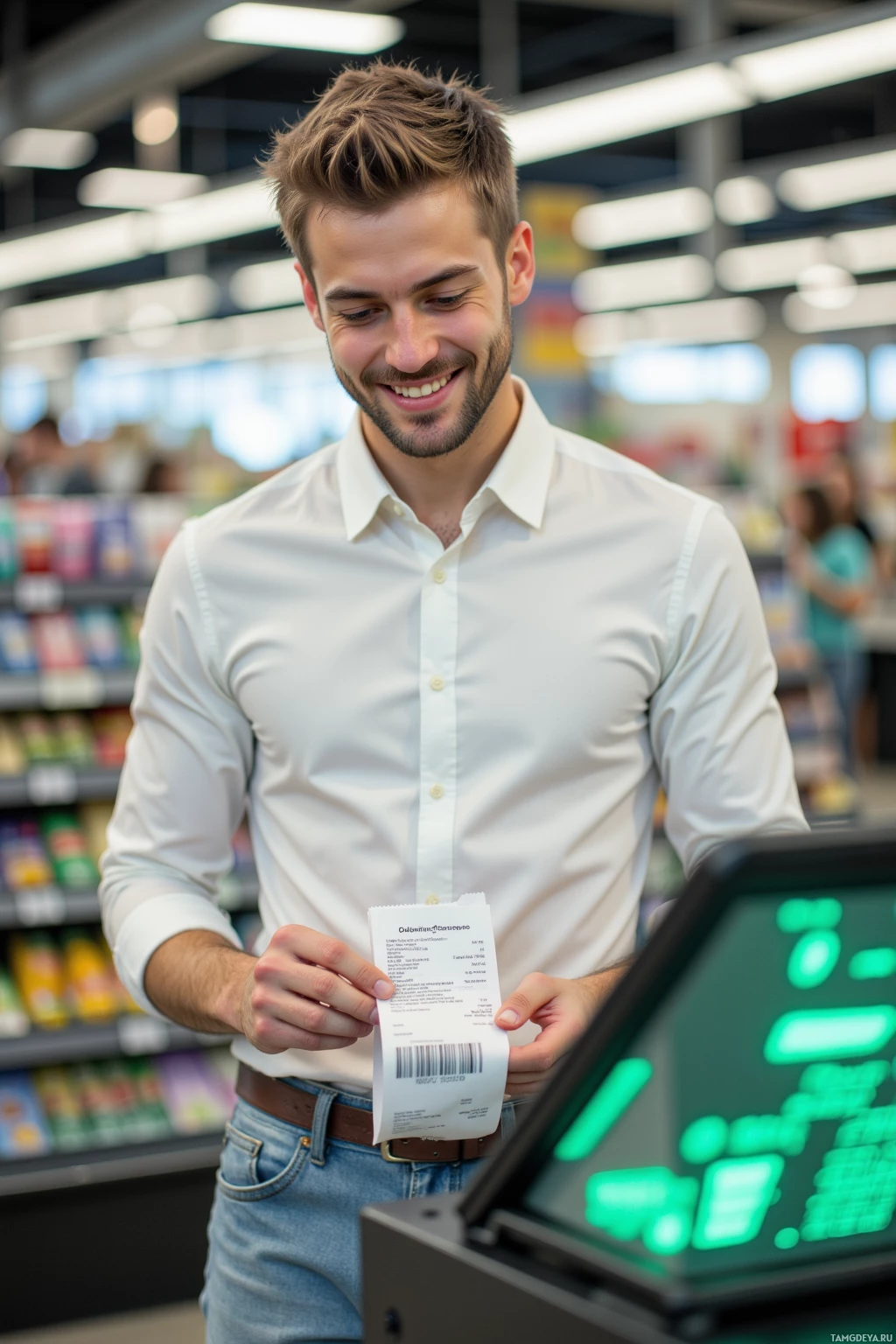 A man in a white shirt smiles while holding a receipt in a store.