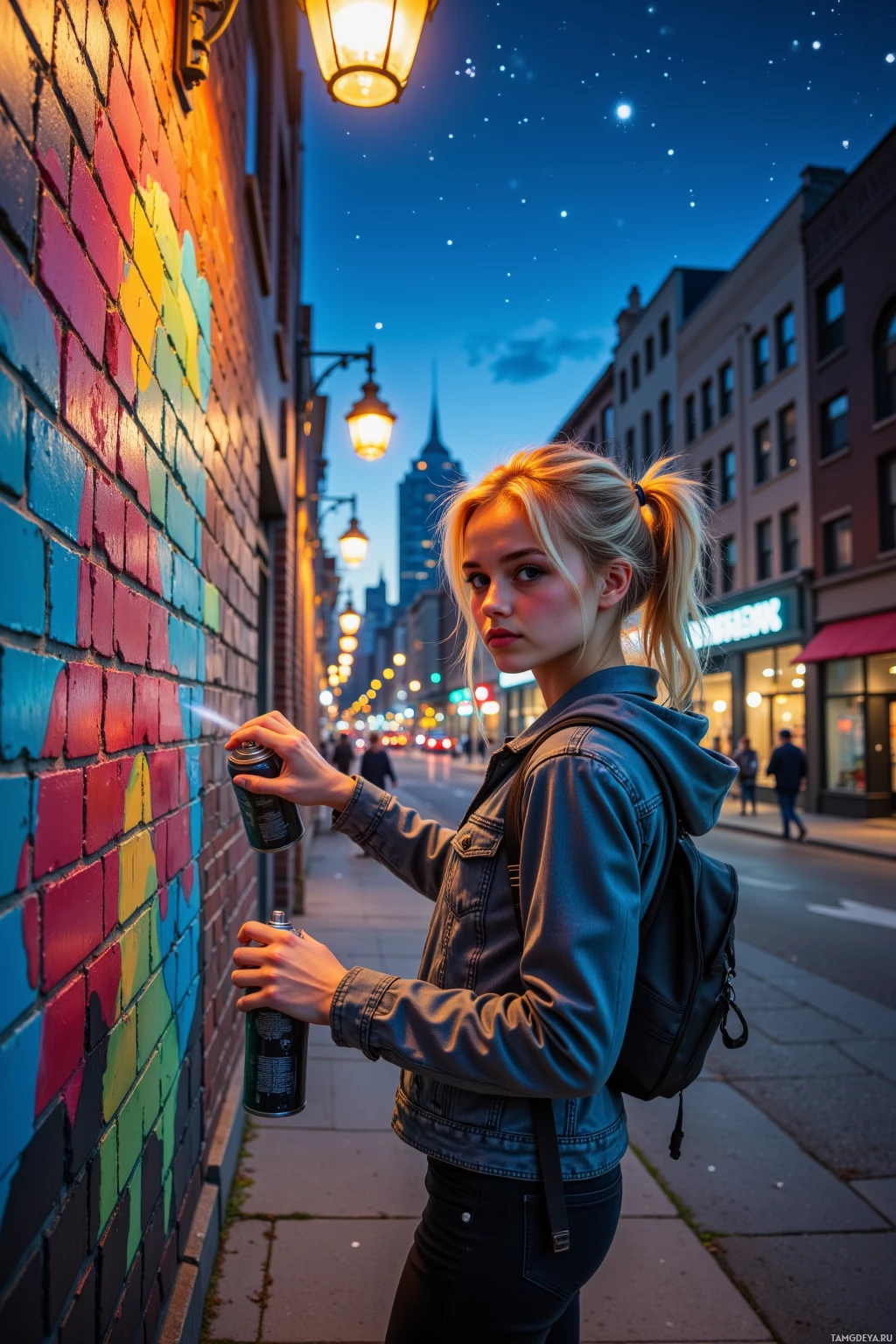 A person spray-painting a colorful mural on a brick wall at night.