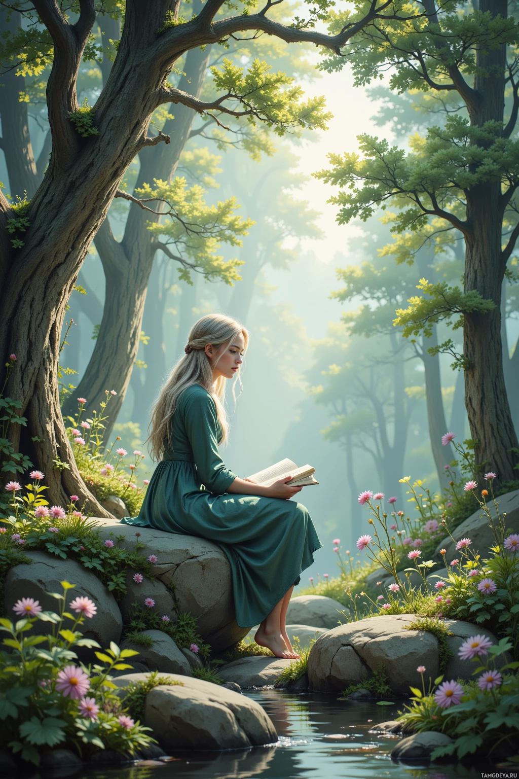 A woman in a green dress reads a book in a serene forest setting.