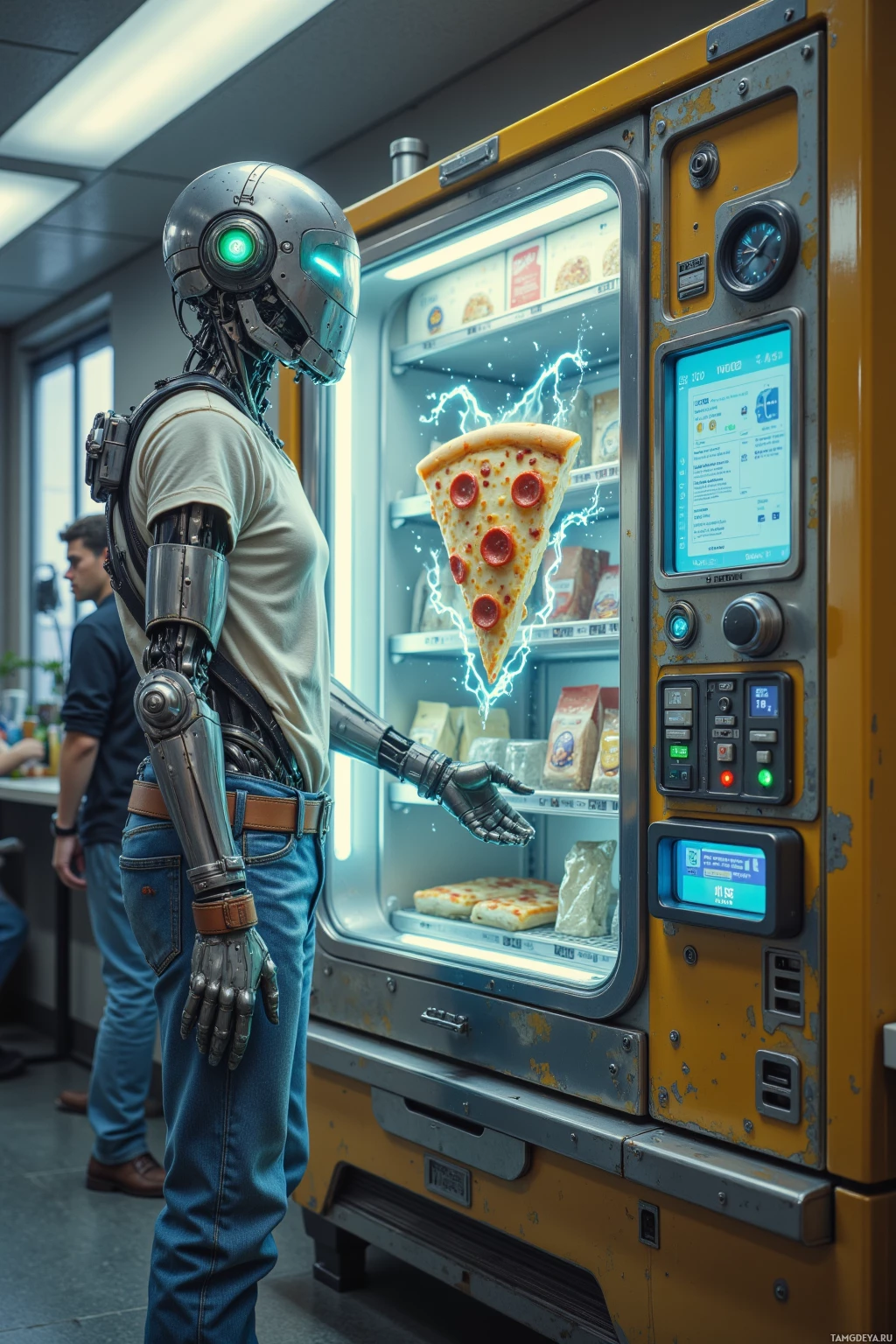 A robot in jeans stands in front of a vending machine, reaching for a slice of pizza.