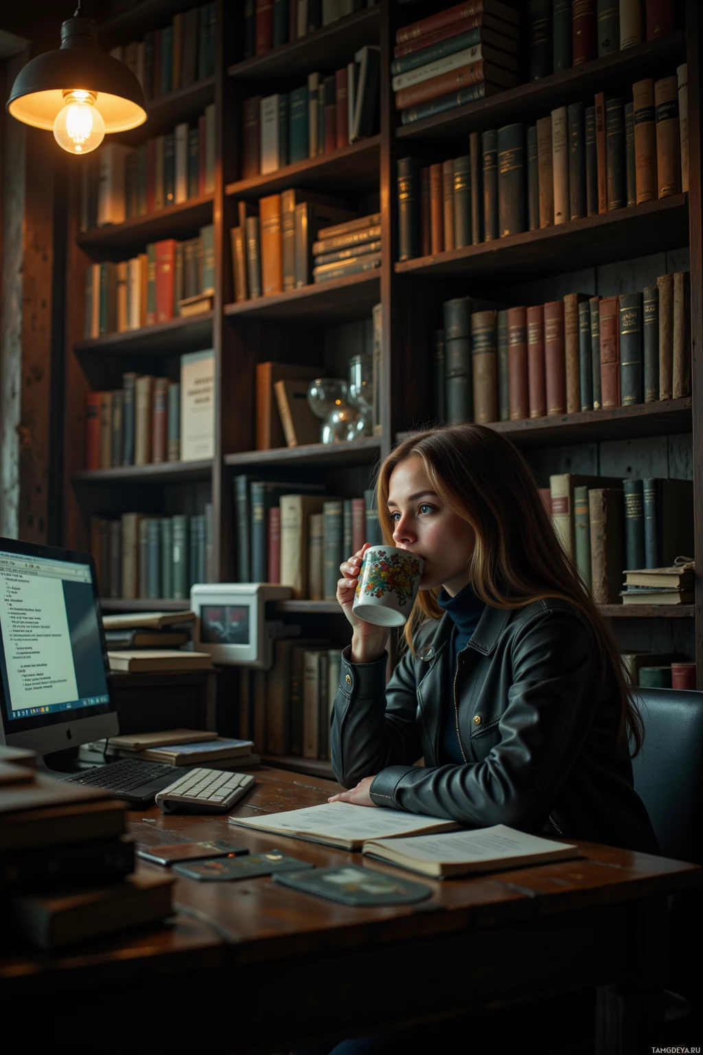 A person is sitting at a desk in a library, drinking from a mug while using a computer.