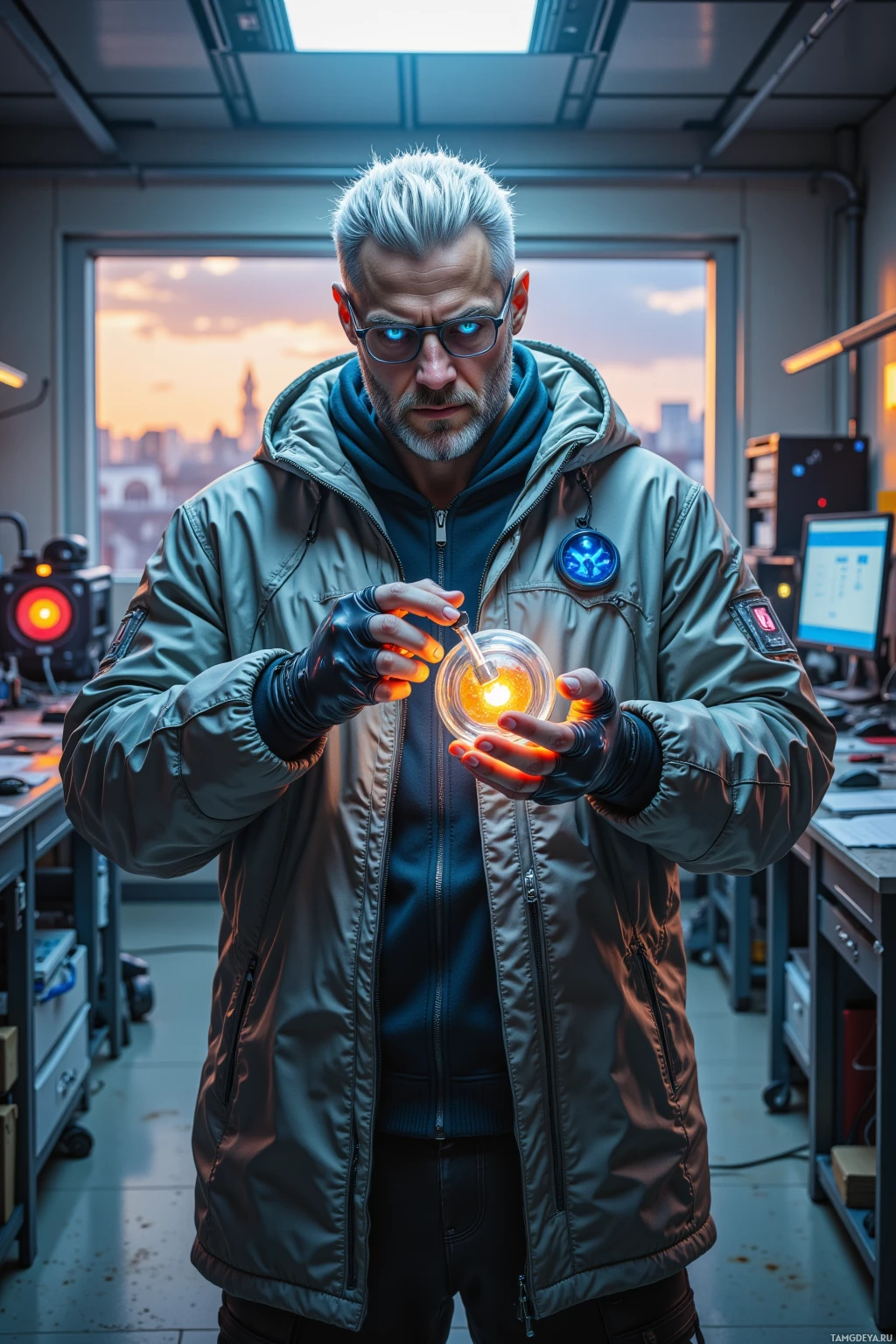 A man in a futuristic lab holds a glowing orb, wearing a jacket and gloves.
