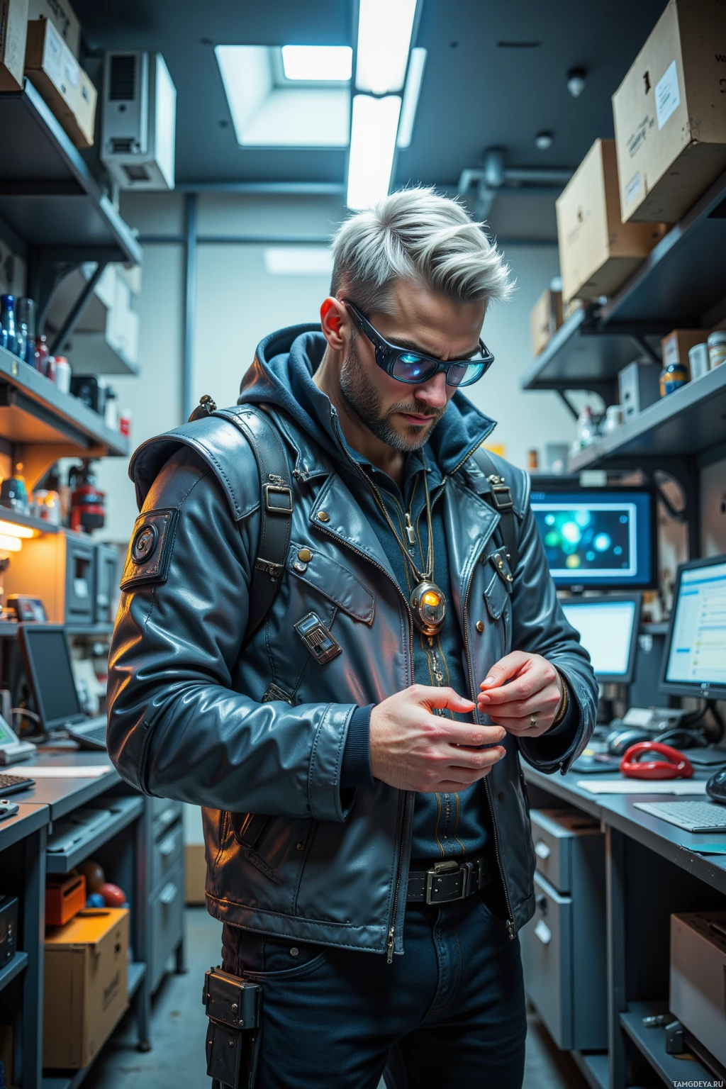 A man in a leather jacket and sunglasses stands in a tech lab, examining something in his hands.