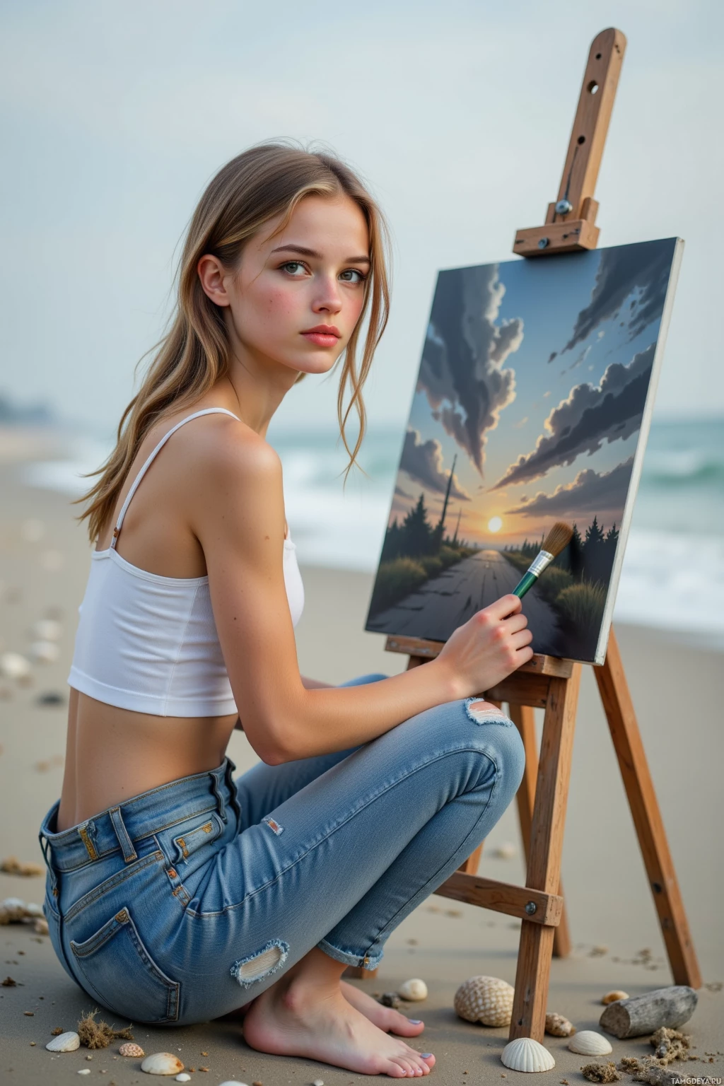 A young woman sits on a beach, painting a landscape on an easel.