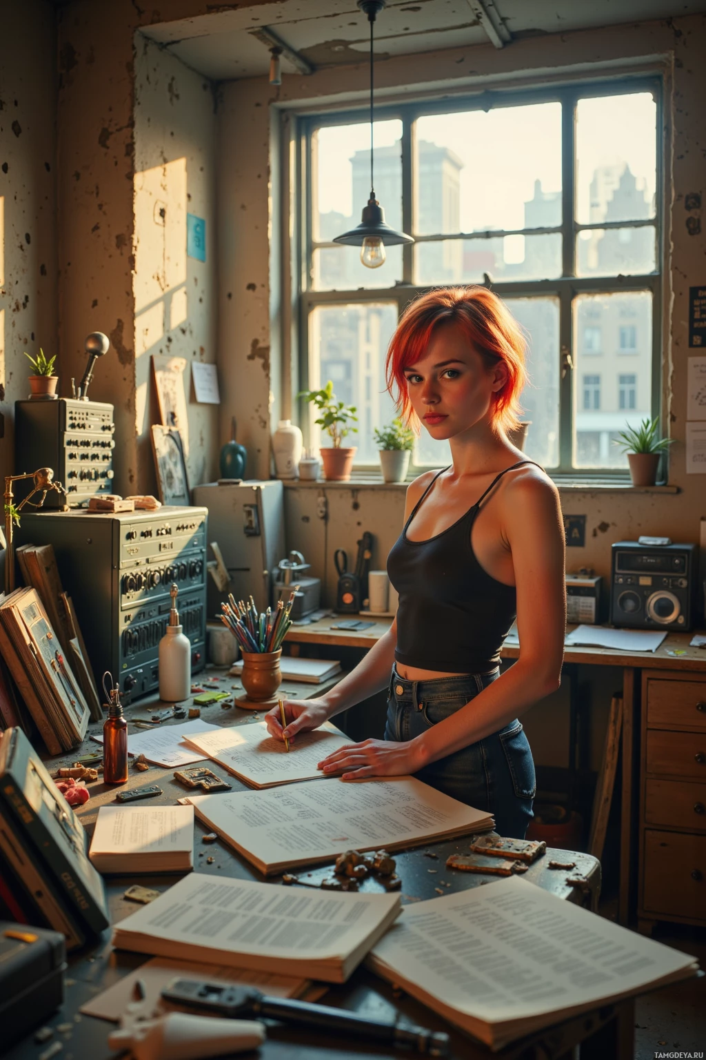 A person is writing in a notebook at a cluttered desk in a sunlit room.
